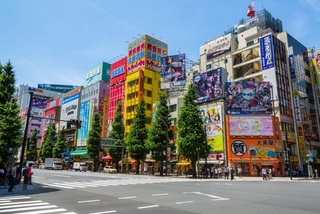 Colorful electronics and anime stores along Chuo-dori in Akihabara, Tokyo
