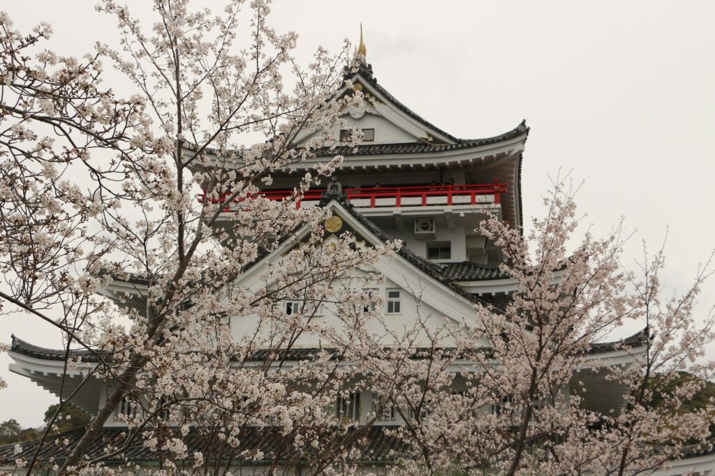 Atami Castle framed by cherry blossoms on the hill above Atami