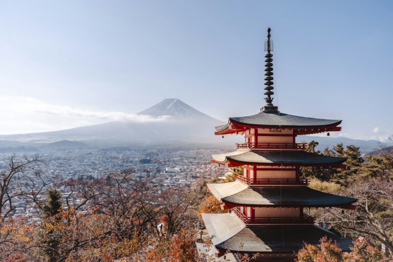 The five-story Chureito Pagoda at Arakurayama Sengen Park with Mount Fuji behind it in Fujiyoshida