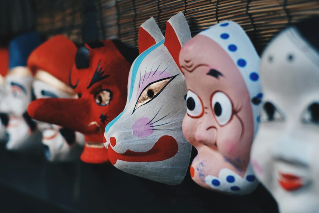 Traditional festival masks on display at Edo Wonderland Nikko Edomura