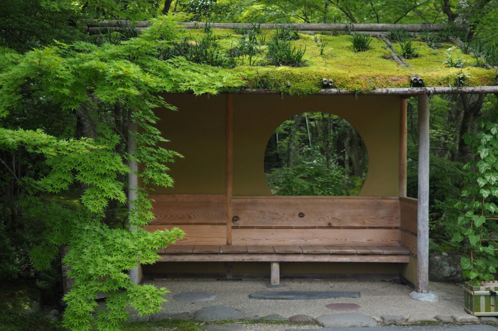 A garden shelter with a round window at Entsu-in temple in Matsushima