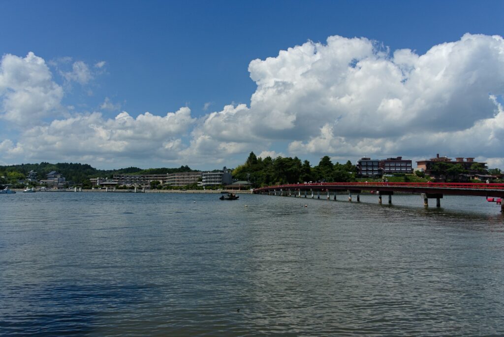The red Fukuura Bridge stretching across Matsushima Bay to Fukuurajima Island