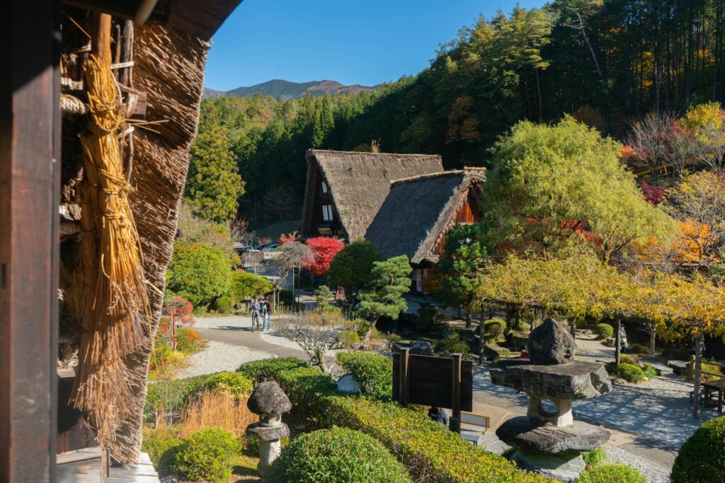 A thatched farmhouse and garden at Gero Onsen Gassho Village