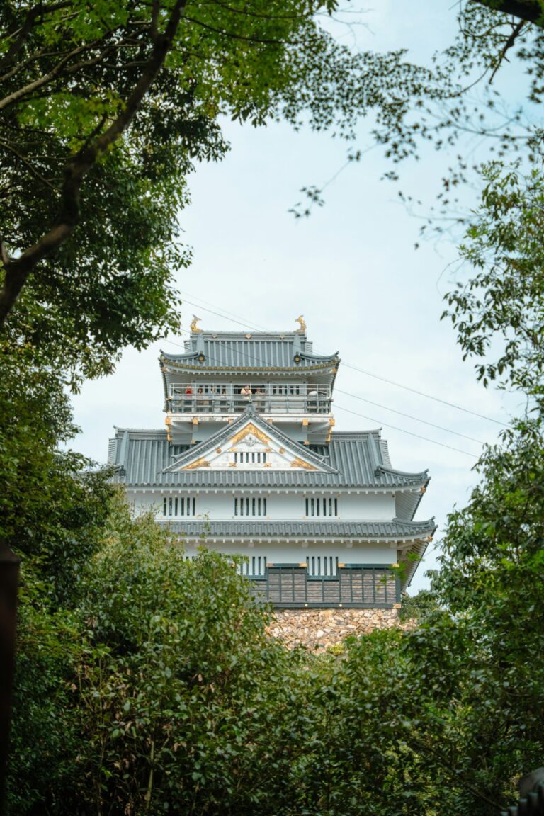 Gifu Castle surrounded by green trees on Mount Kinka