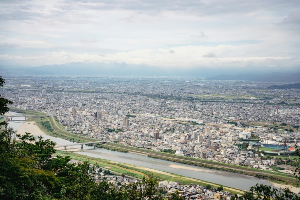 View over Gifu city and the Nagara River from Mount Kinka
