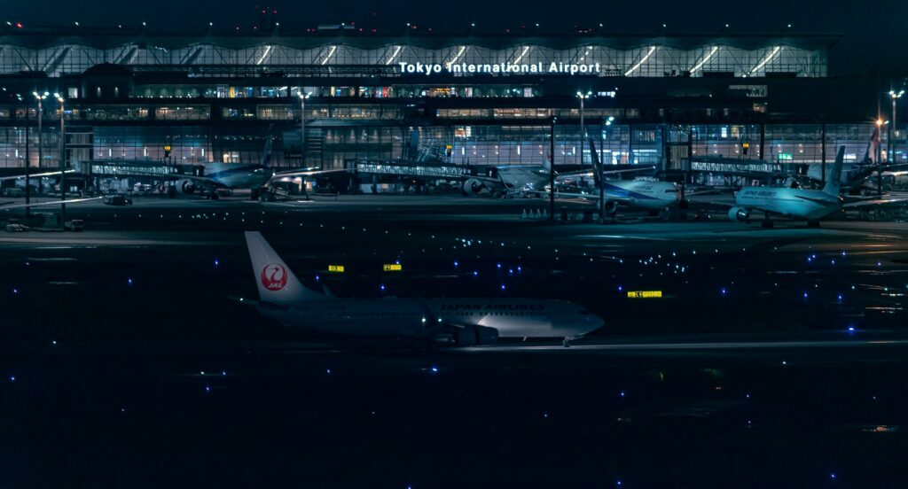 Haneda Airport after dark. Switch your data line before you leave the plane and you are online at the gate.