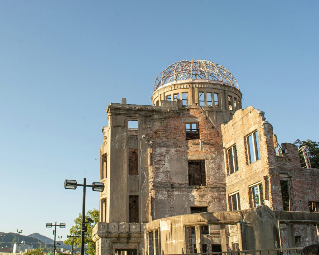 The ruins of the Atomic Bomb Dome in Hiroshima under a clear sky