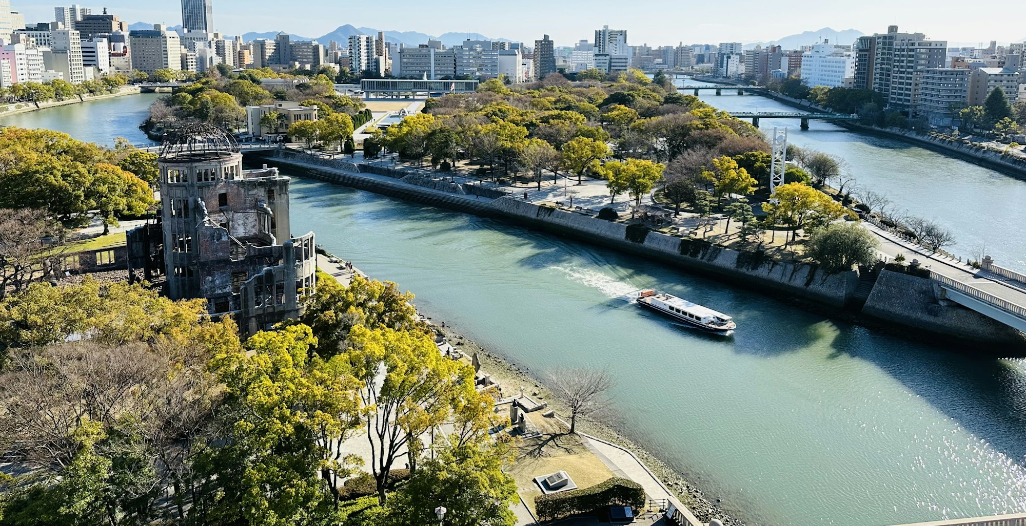 Aerial view of the Atomic Bomb Dome beside the Motoyasu River in central Hiroshima