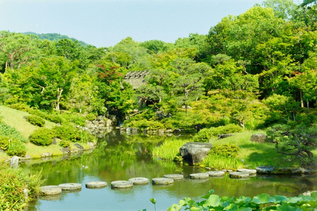 The pond and stepping stones of Isuien Garden in Nara surrounded by green trees