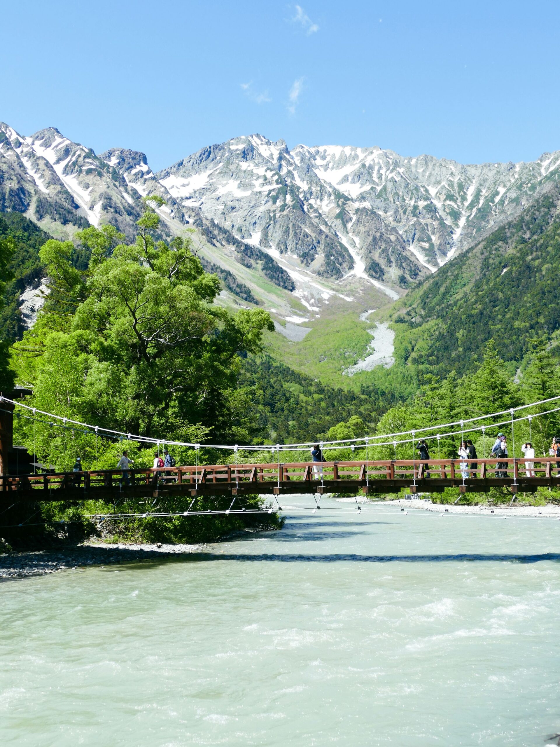 Kappa Bridge over the Azusa River in Kamikochi with the Hotaka mountains