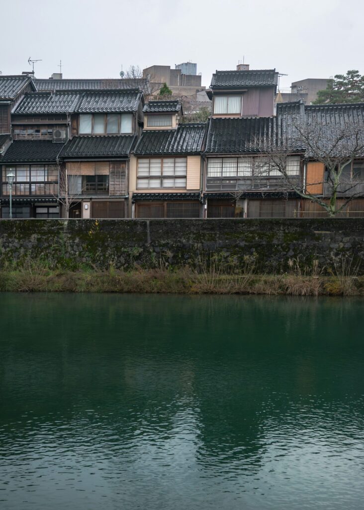 Old wooden houses of Kazuemachi along the Asano River in Kanazawa
