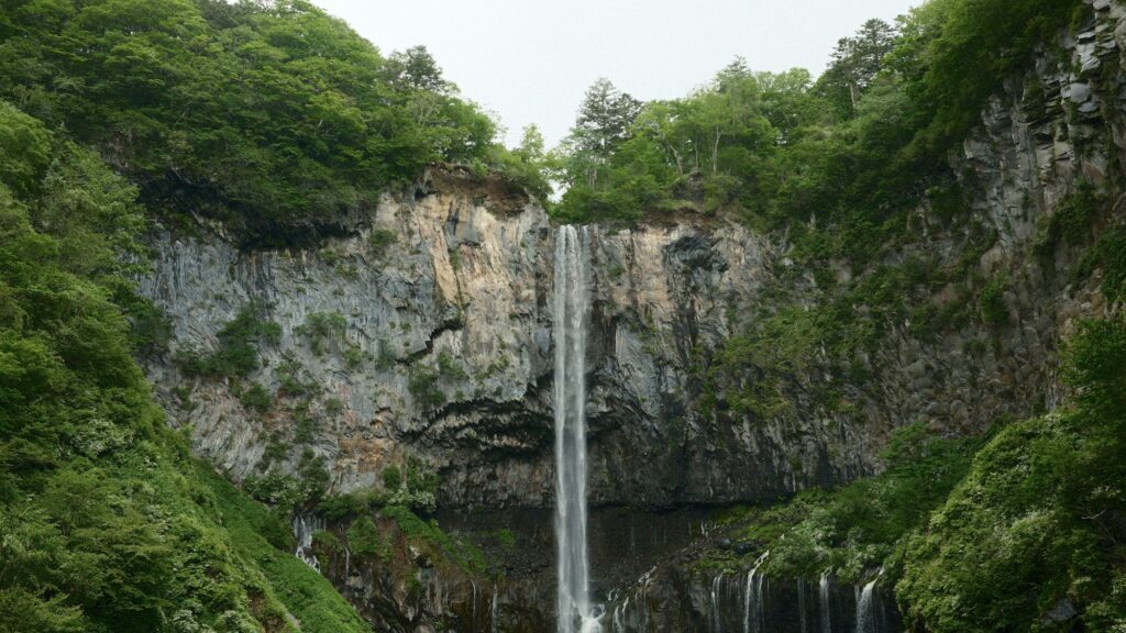Kegon Falls plunging down a cliff surrounded by green forest