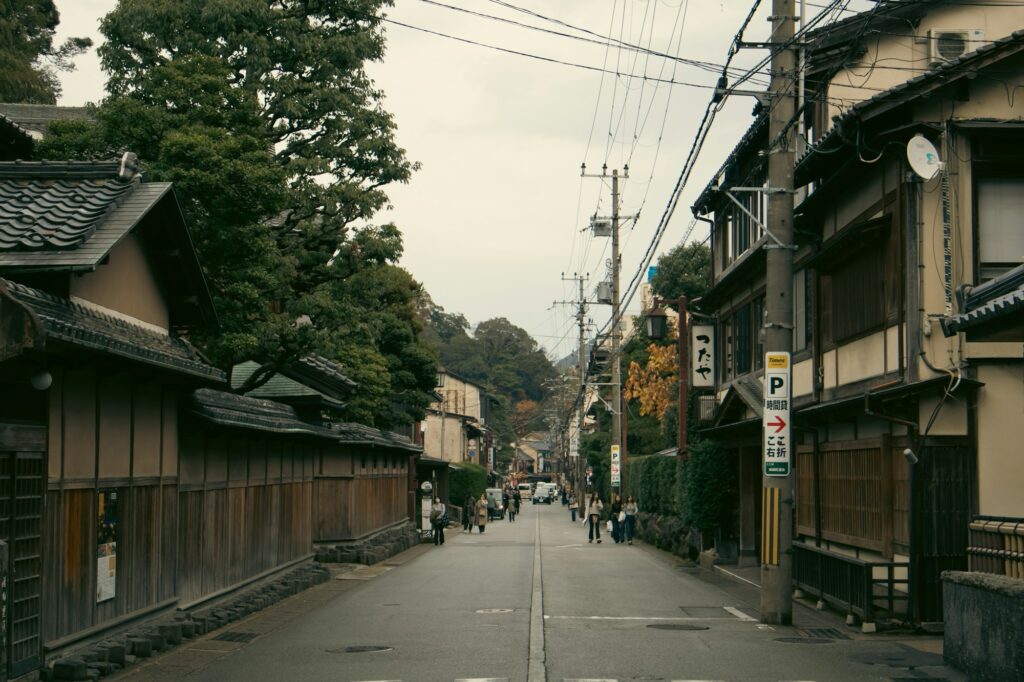 A quiet street of traditional wooden inns and houses in Kinosaki Onsen