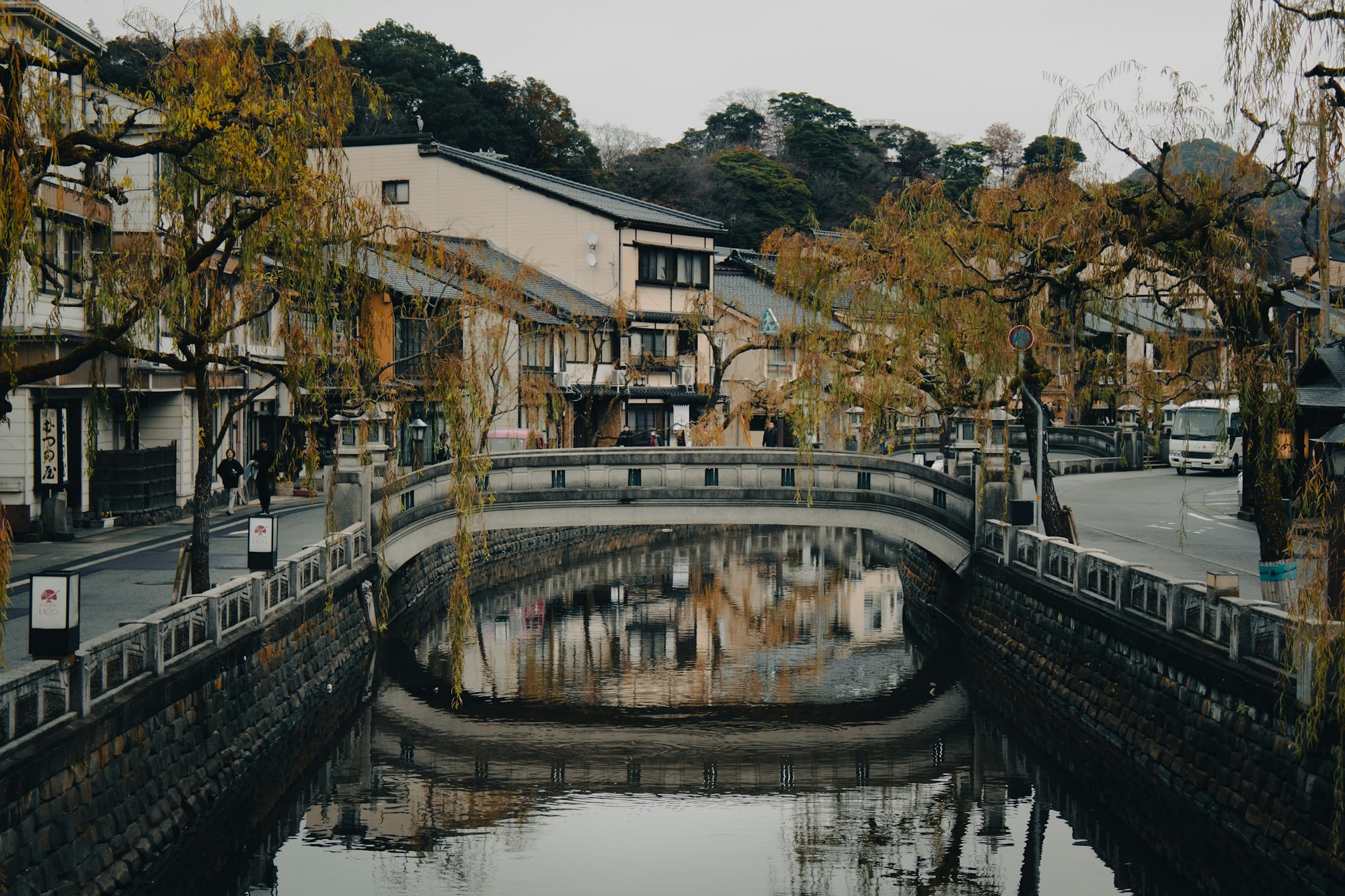 A stone bridge over the willow-lined Otani River canal in Kinosaki Onsen