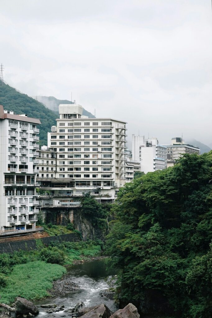 Hotels lining the river gorge in Kinugawa Onsen