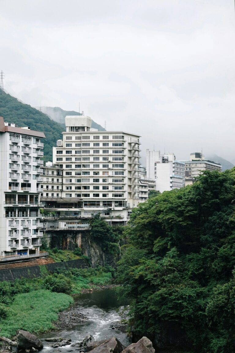 Hotels lining the river gorge in Kinugawa Onsen