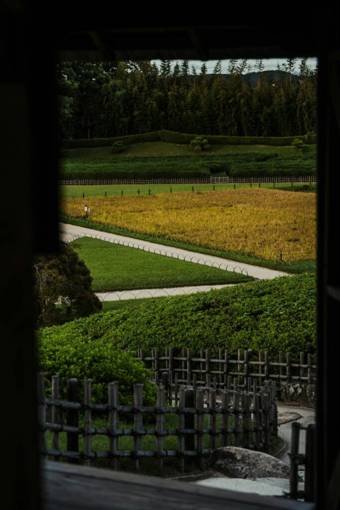 A view out over the manicured lawns and paths of Koko-en Garden in Himeji