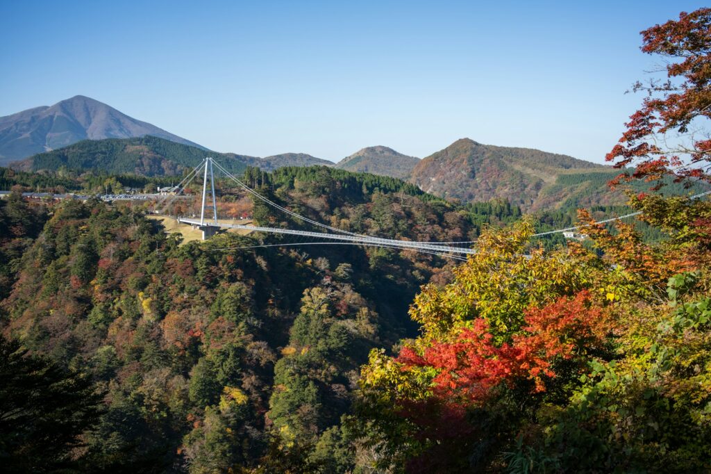 Kokonoe Yume Grand Suspension Bridge spanning an autumn gorge