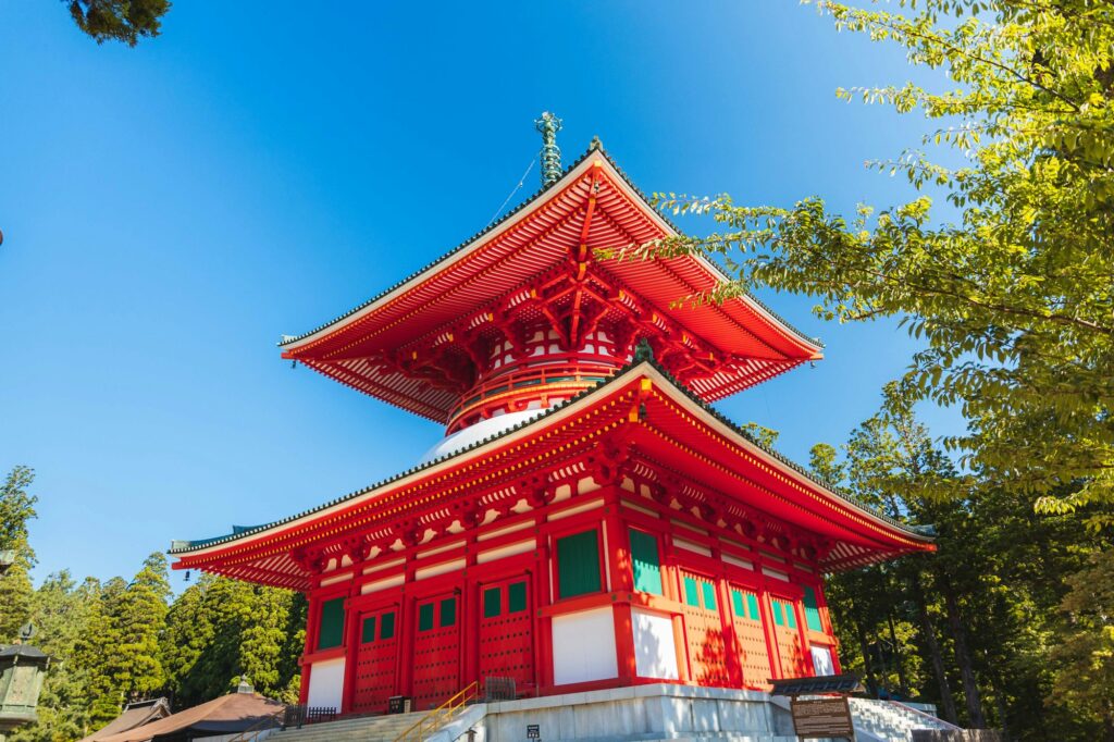 The vermilion Konpon Daito pagoda at Danjo Garan on Koyasan