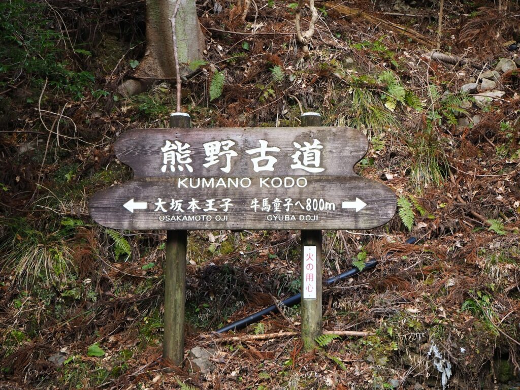 A wooden Kumano Kodo signpost on a forest trail