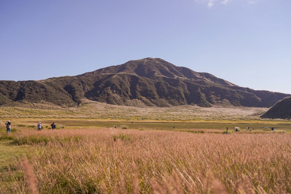 Visitors walking through golden grassland below a volcanic peak at Aso