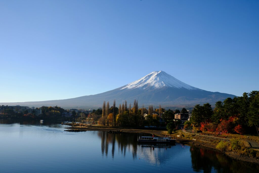 Mount Fuji above Lake Kawaguchiko near the Kawaguchiko Bridge in autumn