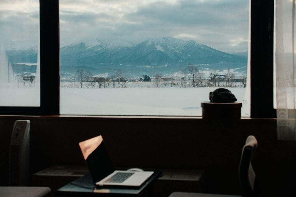 A laptop and a window view: the classic setup for an evening of shows in a Japanese hotel.