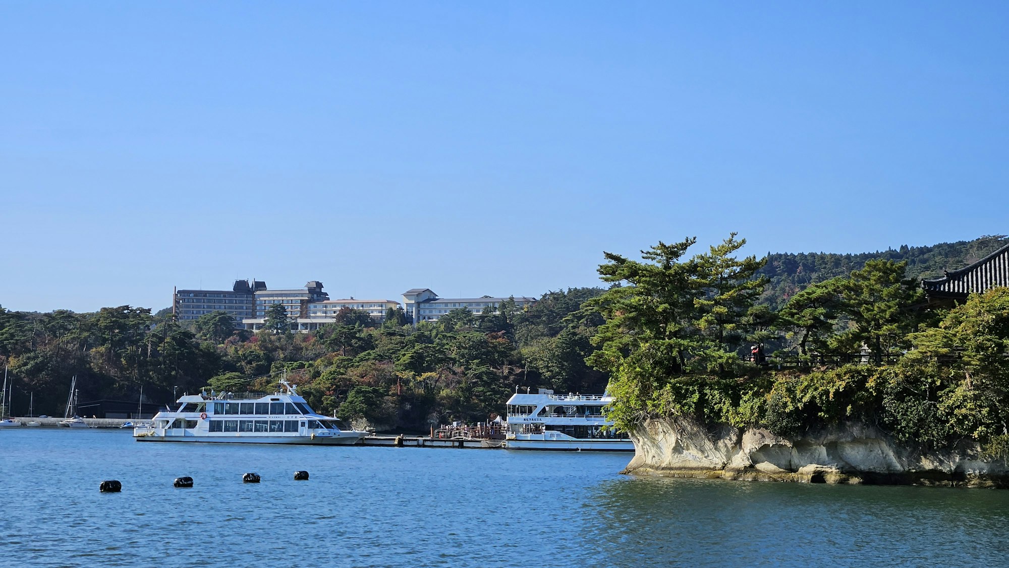 Sightseeing boats on Matsushima Bay beside a pine-covered rock island