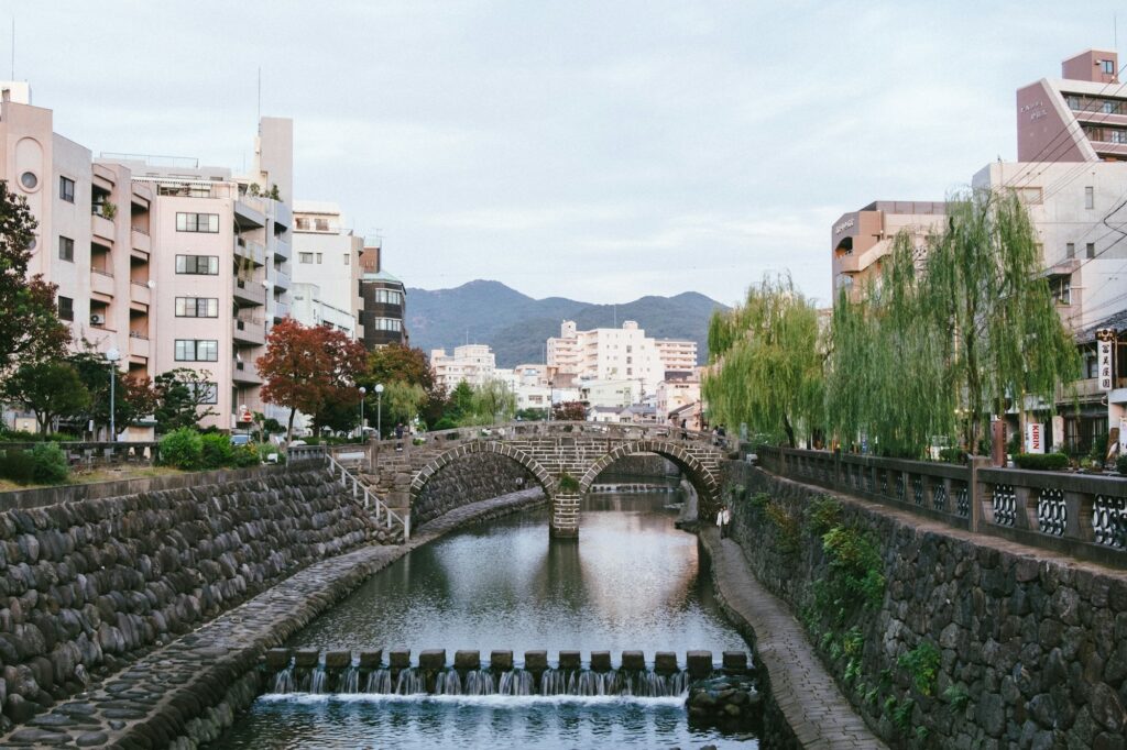 Stone arch bridges over the Nakashima River in Nagasaki