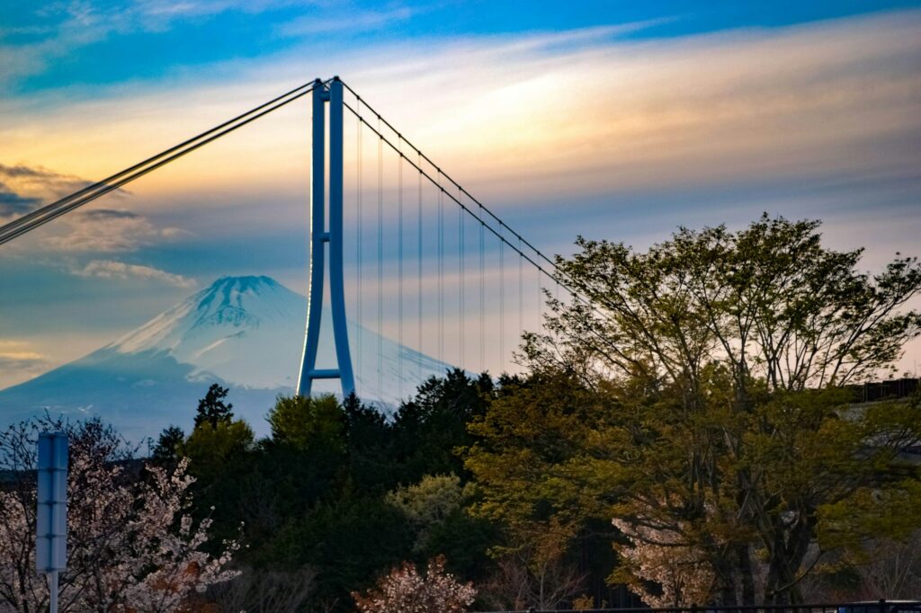 The Mishima Skywalk suspension bridge stretching over the forest with Mount Fuji in the distance