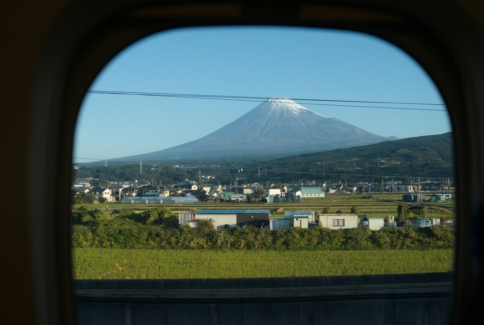 Mount Fuji seen through a bullet train window