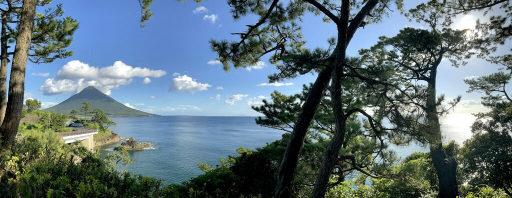 Cone-shaped Mt. Kaimon seen across the water from Ibusuki