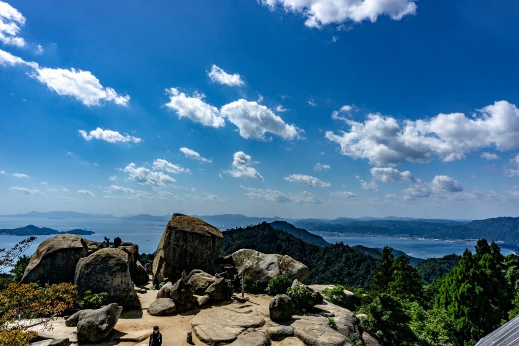 Granite boulders and Seto Inland Sea views from the summit area of Mount Misen on Miyajima