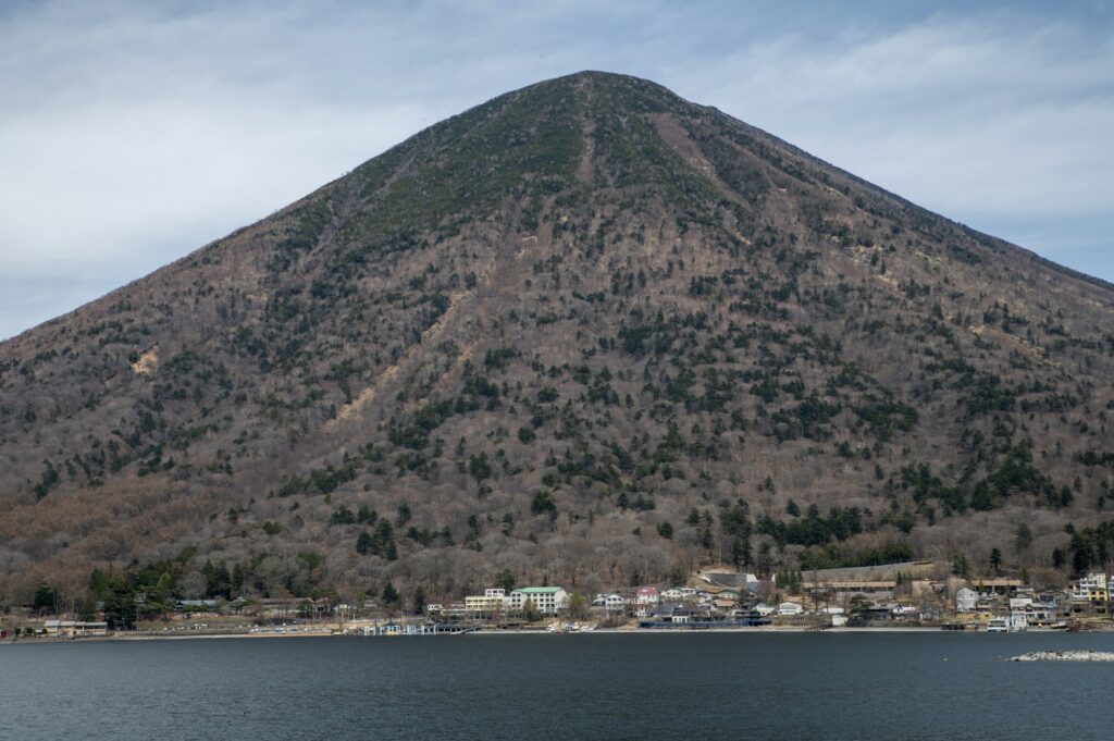 Mount Nantai rising above the shore of Lake Chuzenji