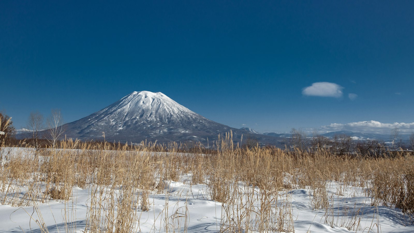 Snow-covered Mount Yotei seen from Niseko in winter