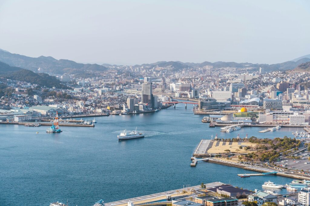 Nagasaki city and harbor seen from above