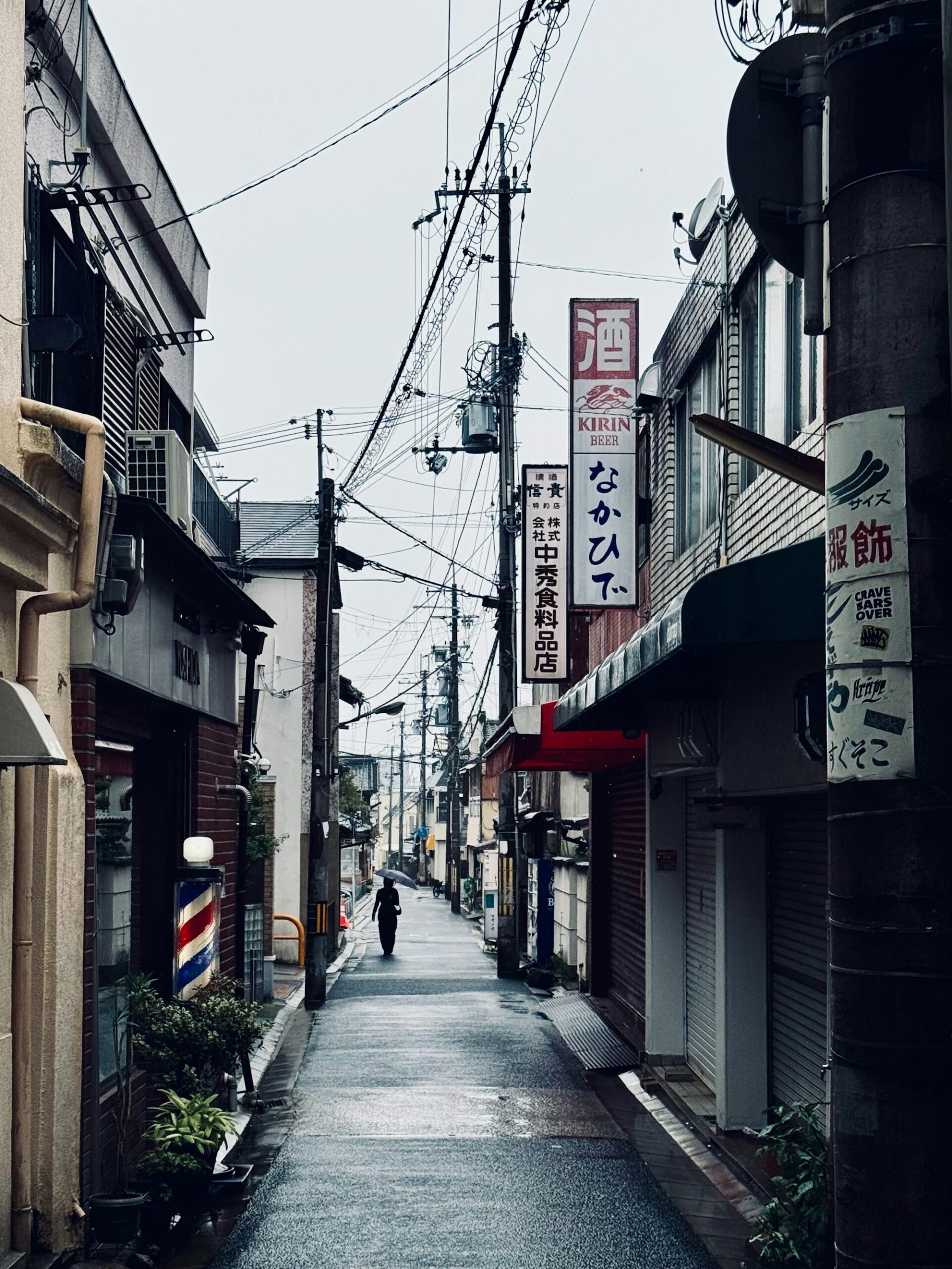 A quiet street of small shops in central Nara on a rainy day
