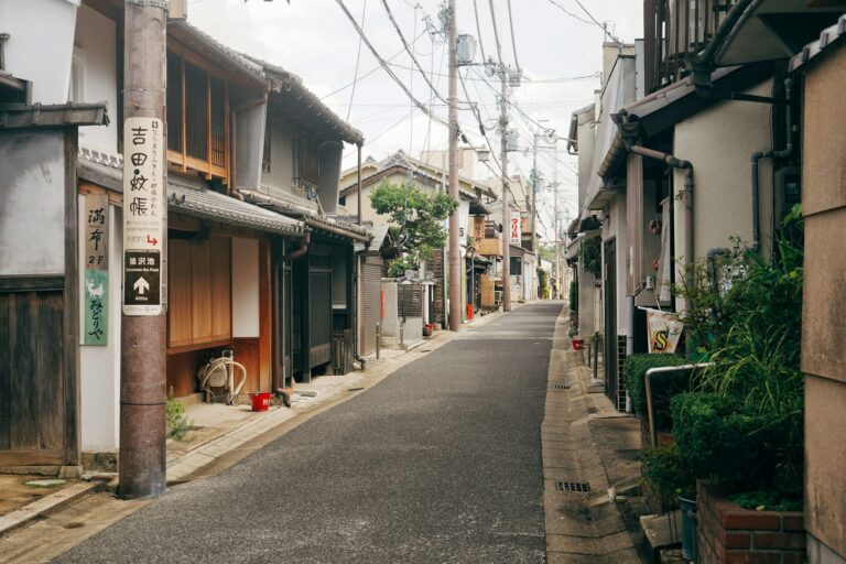 A narrow lane lined with traditional wooden townhouses in central Nara