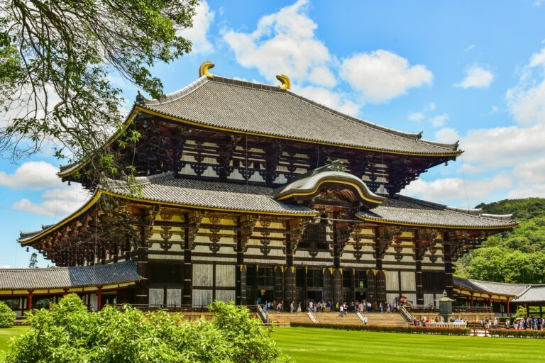 The giant wooden Great Buddha Hall (Daibutsuden) of Todai-ji Temple in Nara under a blue sky