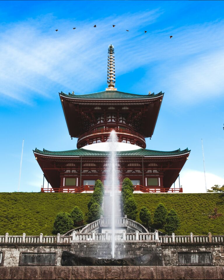 The Great Pagoda of Peace at Naritasan Shinsho-ji Temple in Narita with a fountain in front