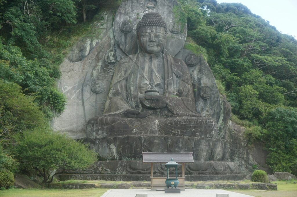 The giant rock-carved Daibutsu of Nihon-ji Temple on Mount Nokogiri in Chiba
