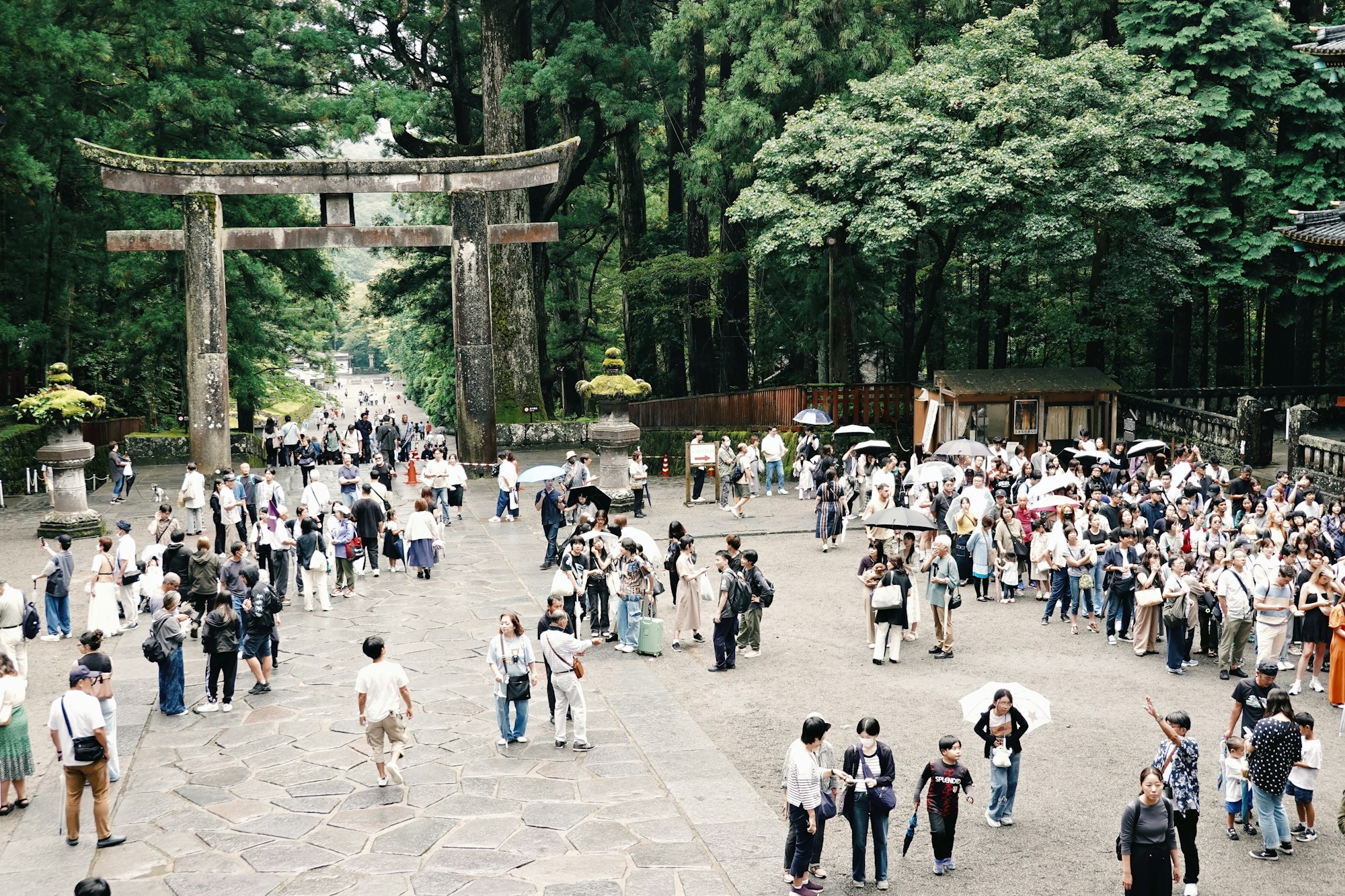 Visitors at the stone torii gate on the approach to Nikko Toshogu Shrine
