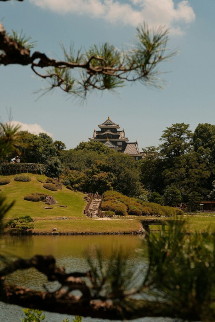 Okayama Castle seen across a garden pond in Okayama city