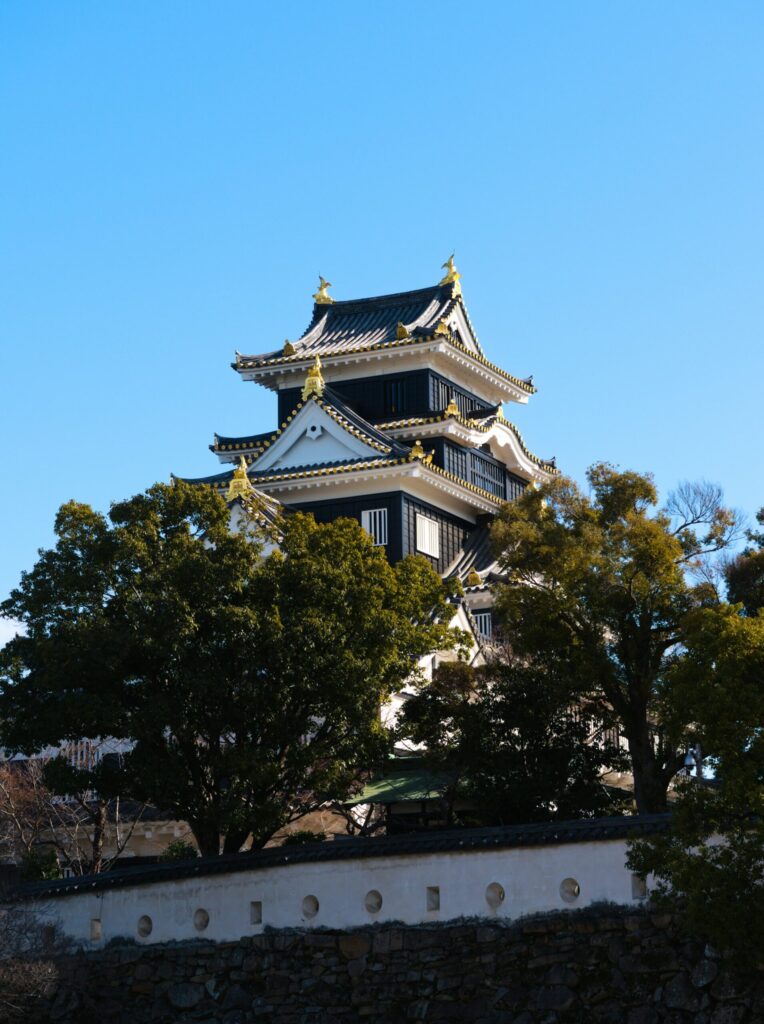 The black main keep of Okayama Castle rising above green trees