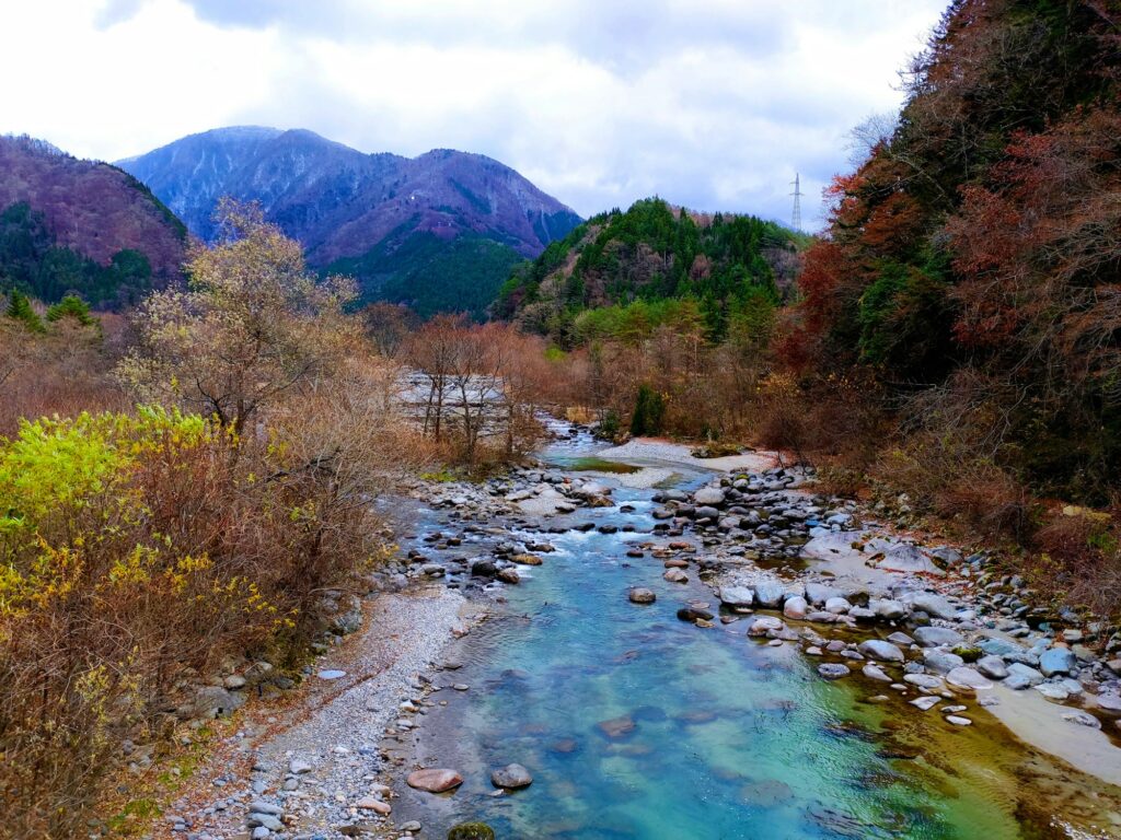 Clear mountain river and autumn trees near Hirayu Onsen in Okuhida