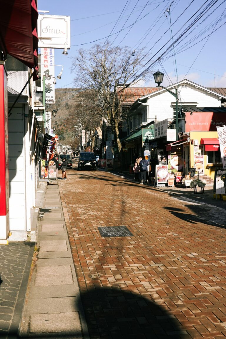 Shops along a brick-paved street in Old Karuizawa