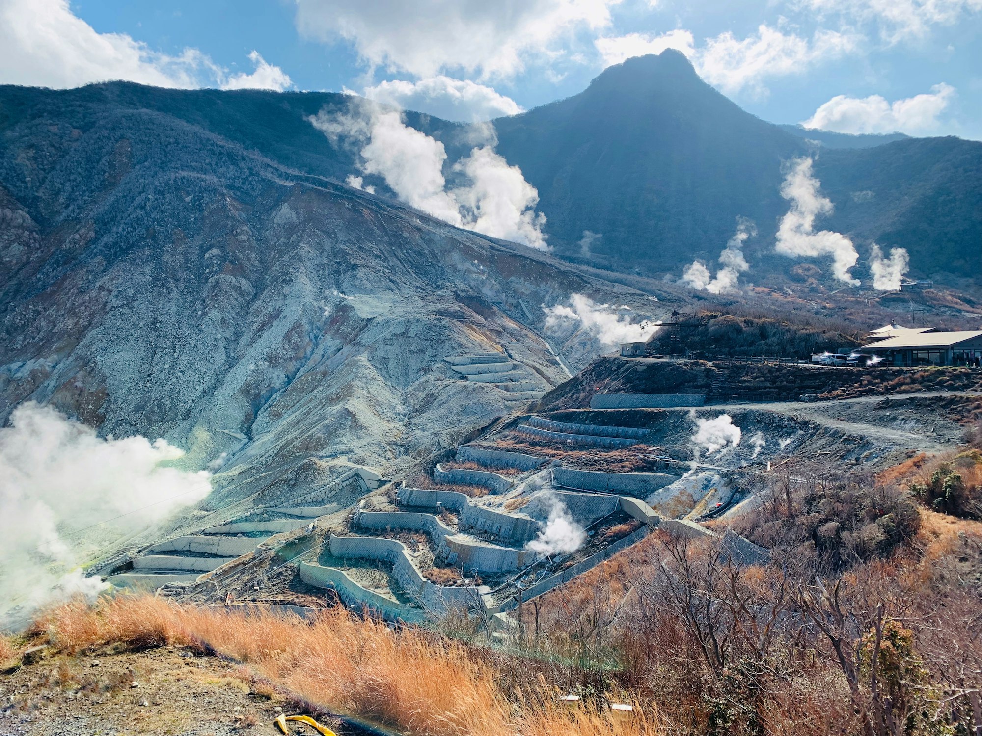 Steam rising from volcanic vents in the Owakudani valley in Hakone