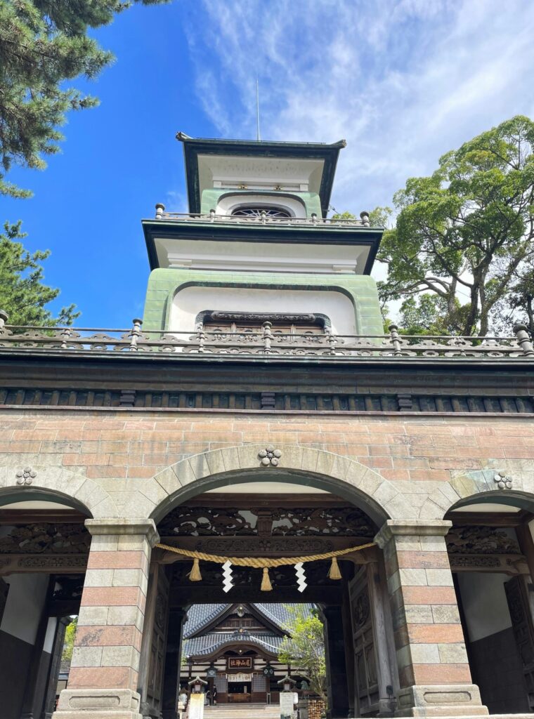 The three-story Shinmon gate of Oyama Shrine in Kanazawa