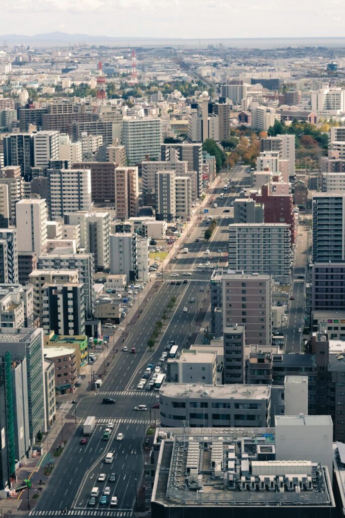 Aerial view of high-rise buildings in central Sendai