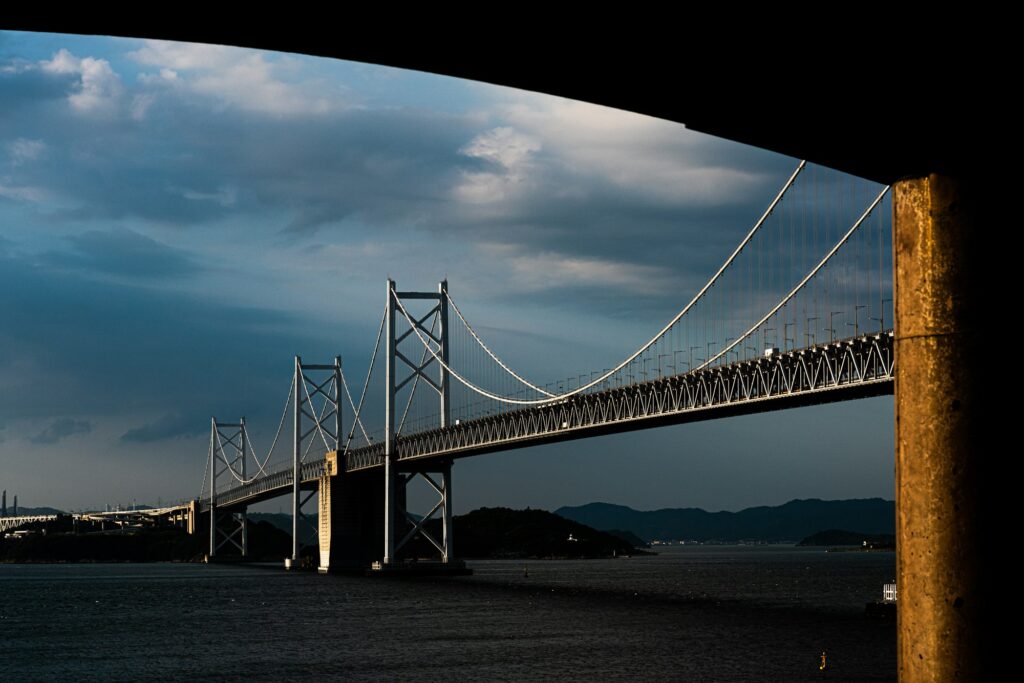 The Seto Ohashi Bridge spanning the Seto Inland Sea at dusk